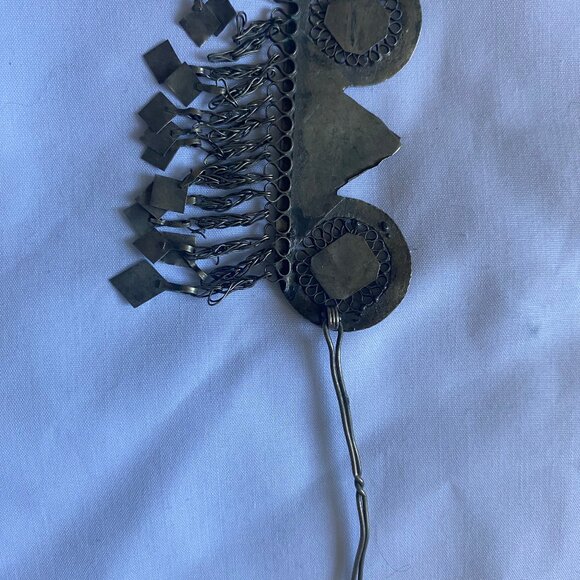 RARE ANCIENT BERBER STYLE BRONZE AMULET PENDANT HAIR CLIP ENGRAVINGS NO STONES - Picture 4 of 6